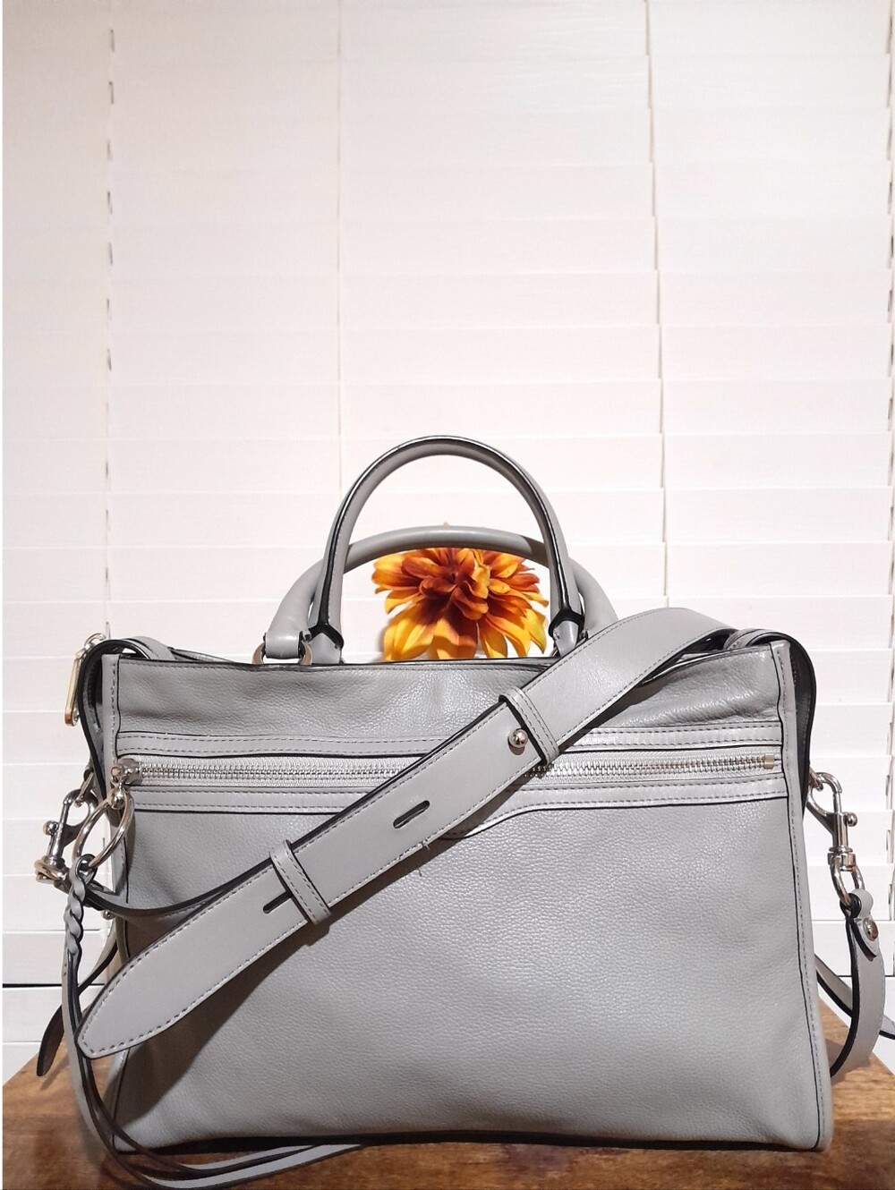 Rebecca Minkoff Bedford Zip Leather Satchel Crossbody Bag Grey Perla Silver